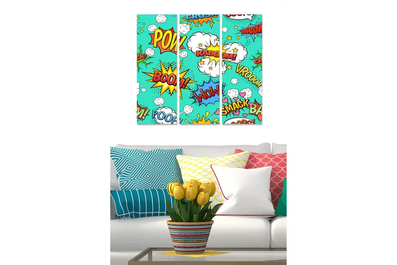 Trælærred 3-delt 50x70 cm - Farverig popkunst med lydord og eksplosioner, Turkis / Rød / Gul