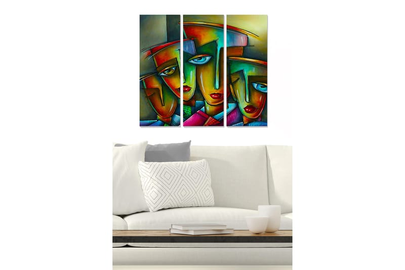 Trælærred 3-delt 50x70 cm - Farverige ansigter med geometriske former, Rød / Grøn / Blå
