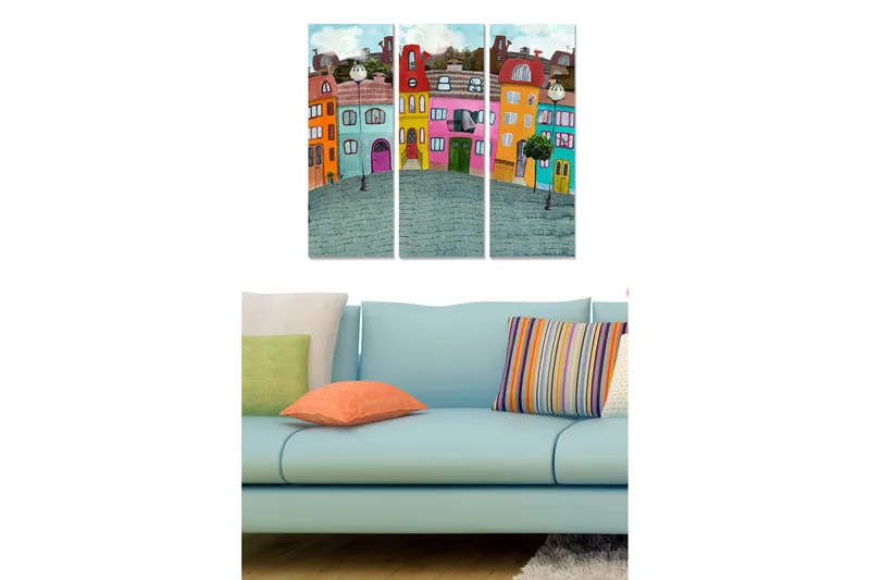 Trælærred 3-delt 50x70 cm - Farverige huse i et bymiljø, Blå / Orange / Lyserød