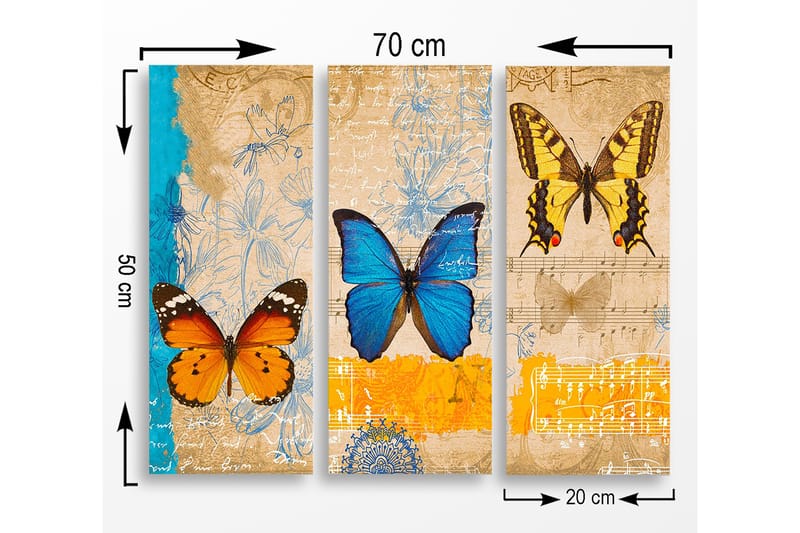 Trælærred 3-delt 50x70 cm - Farverige sommerfugle i en kunstnerisk komposition - Blå / Orange / Gul - Boligtilbehør - Billeder & kunst - Billeder på lærred