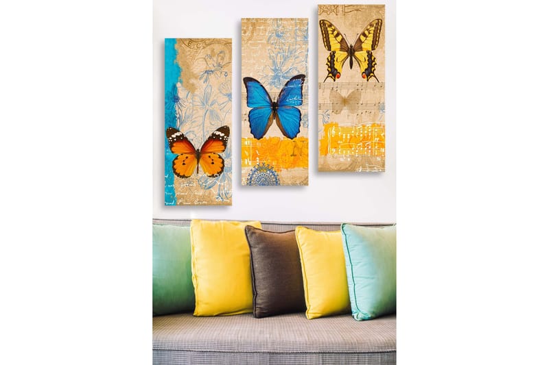 Trælærred 3-delt 50x70 cm - Farverige sommerfugle i en kunstnerisk komposition, Blå / Orange / Gul
