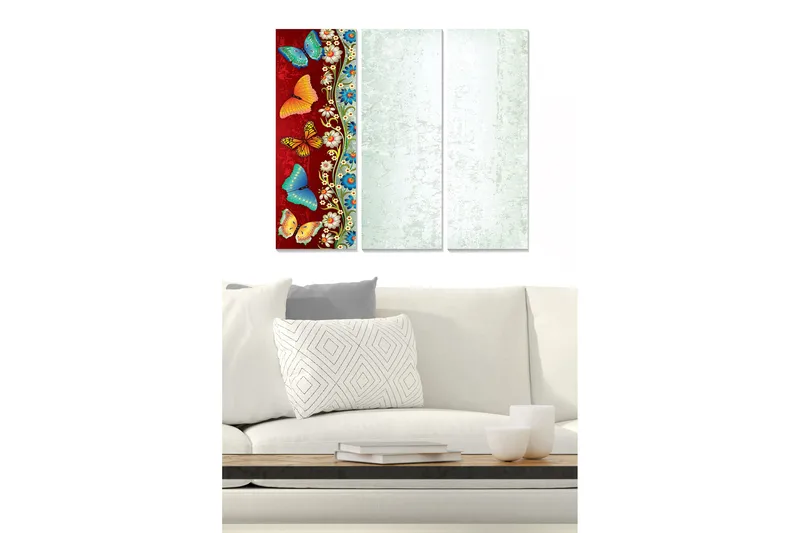 Trælærred 3-delt 50x70 cm - Farverige sommerfugle på rød baggrund - Rød / Blå / Orange - Boligtilbehør - Billeder & kunst - Billeder på lærred