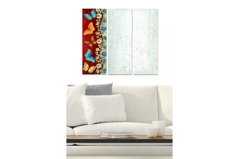 Trælærred 3-delt 50x70 cm - Farverige sommerfugle på rød baggrund, Rød / Blå / Orange