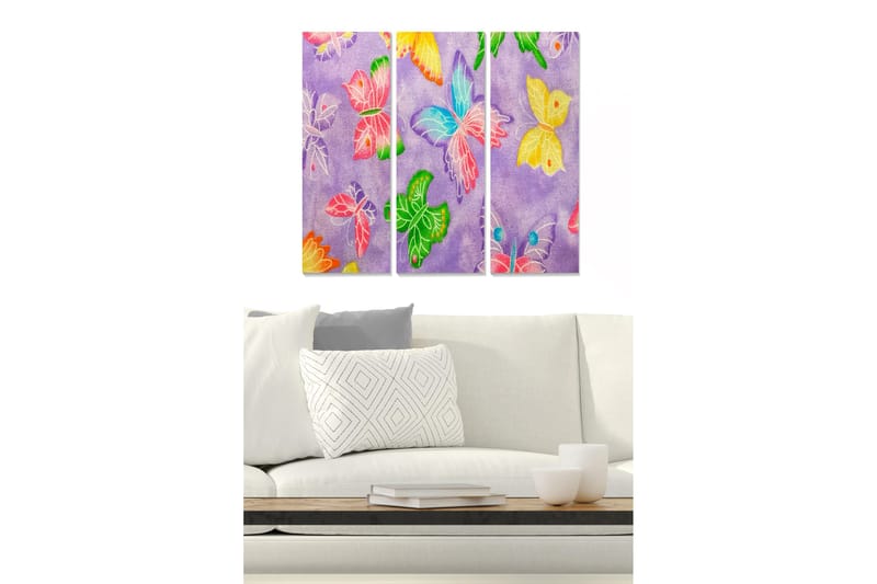Trælærred 3-delt 50x70 cm - Farverige sommerfugle på lilla baggrund, Lilla / Grøn / Lyserød