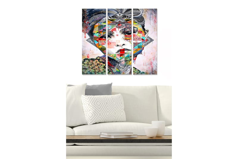 Trælærred 3-delt 50x70 cm - Farverigt og geometrisk portræt af en kvinde - Rød / Grøn / Blå - Boligtilbehør - Billeder & kunst - Billeder på lærred