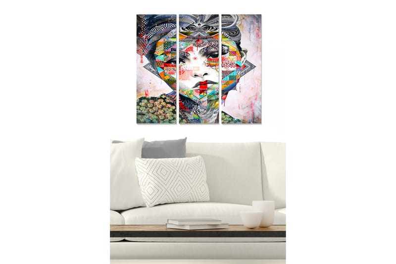 Trælærred 3-delt 50x70 cm - Farverigt og geometrisk portræt af en kvinde, Rød / Grøn / Blå