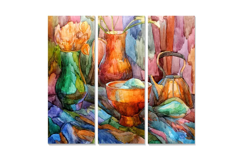 Trælærred 3-delt 50x70 cm - Farverigt stilleben med blomster og keramiske genstande, Grøn / Orange / Blå