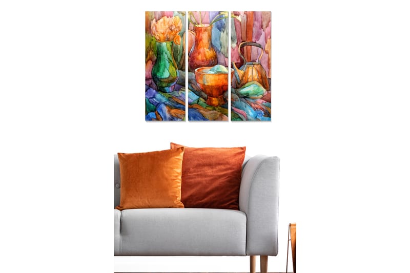 Trælærred 3-delt 50x70 cm - Farverigt stilleben med blomster og keramiske genstande - Grøn / Orange / Blå - Boligtilbehør - Billeder & kunst - Billeder på lærred
