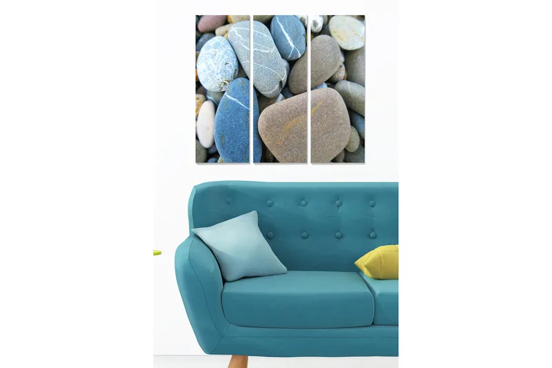 Trælærred 3-delt 50x70 cm - Forskellige glatte sten i forskellige farver og former, Blå / Grå / Beige