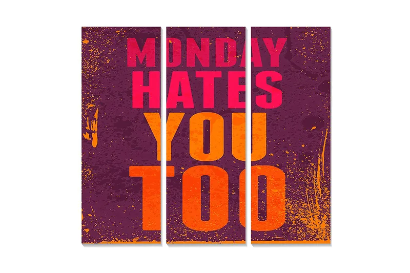 Trælærred 3-delt 50x70 cm - Grafisk tekst med budskab om mandagsmodstand, Lilla / Lyserød / Orange