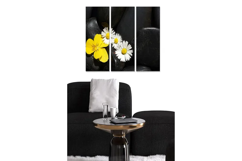 Trælærred 3-delt 50x70 cm - Gule og hvide blomster på sorte sten, Gul / Hvid / Sort