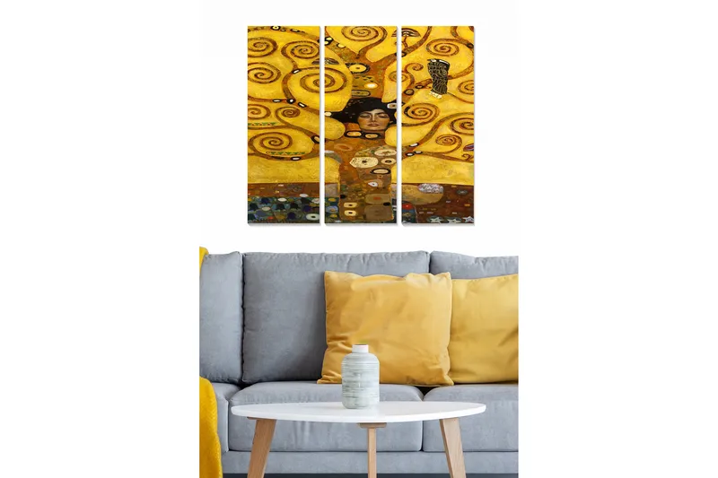 Trælærred 3-delt 50x70 cm - Gylden abstrakt komposition med spiraler og en kvinde i fokus, Guld / Sort / Brun