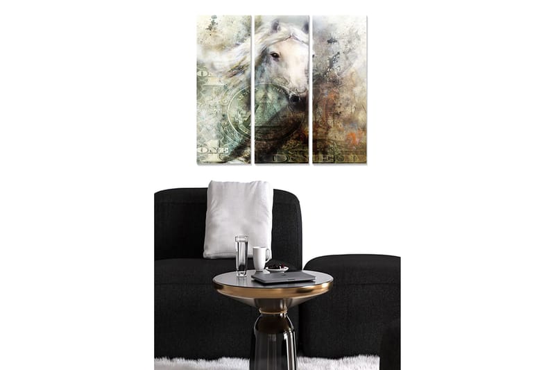 Trælærred 3-delt 50x70 cm - Hesteportræt med elementer af pengesedler og abstrakte mønstre, Hvid / Beige / Grøn