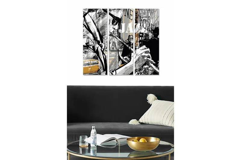 Trælærred 3-delt 50x70 cm - Jazzmusiker i et bymiljø, Sort / Grå / Gul