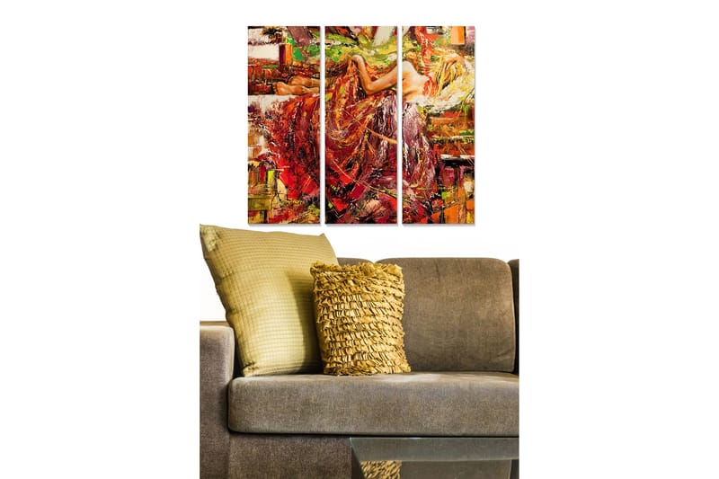Trælærred 3-delt 50x70 cm - Kvinde i rød kjole i en levende og abstrakt komposition, Rød / Orange / Gul
