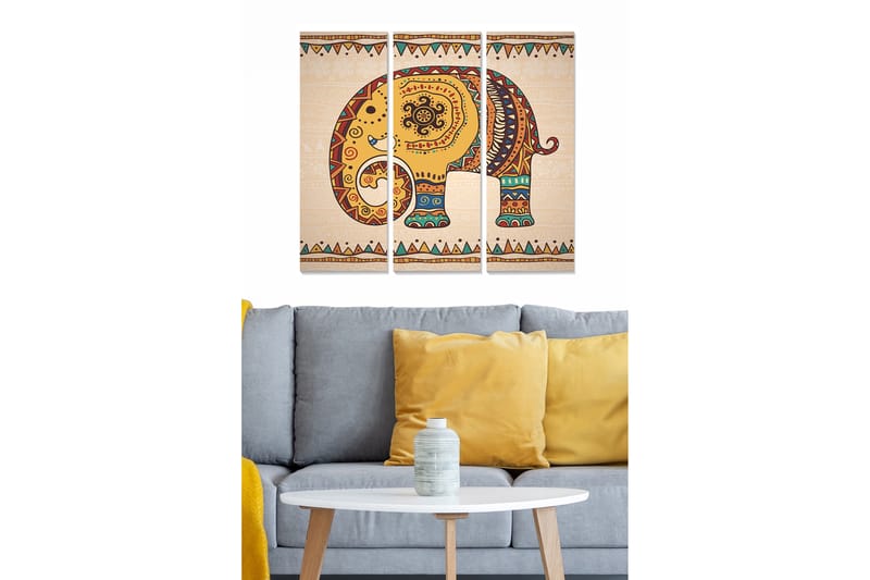 Trælærred 3-delt 50x70 cm - Mønstret elefant i livlige farver, Gul / Rød / Grøn
