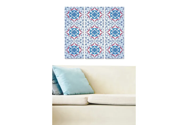 Trælærred 3-delt 50x70 cm - Mønstret panel med blå og røde ornamenter, Blå / Rød / Hvid