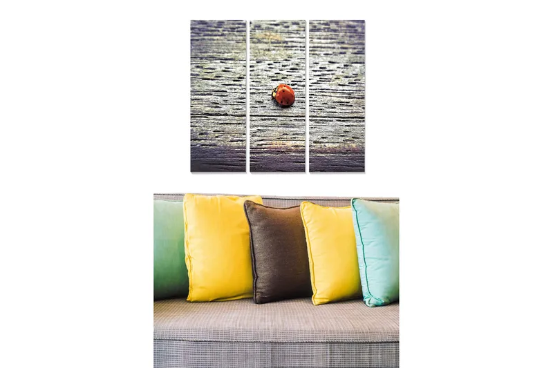 Trælærred 3-delt 50x70 cm - Mariehøne på træoverflade, Rød / Grå / Brun