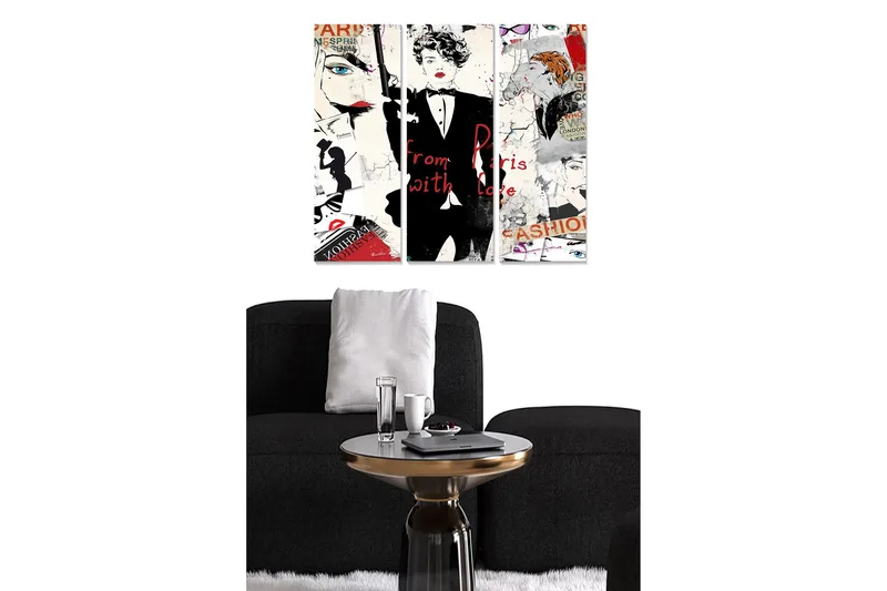 Trælærred 3-delt 50x70 cm - Modeinspireret collage med stiliserede ansigter og tekstfragmenter, Rød / Sort / Hvid