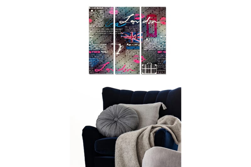 Trælærred 3-delt 50x70 cm - Moderne kunst med London-tema og grafiske elementer, Blå / Lyserød / Grå
