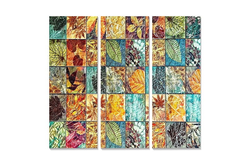 Trælærred 3-delt 50x70 cm - Mosaik af farverige blade og plantedetaljer, Grøn / Orange / Blå