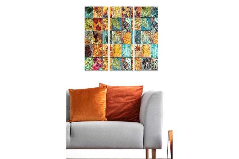 Trælærred 3-delt 50x70 cm - Mosaik af farverige blade og plantedetaljer - Grøn / Orange / Blå - Boligtilbehør - Billeder & kunst - Billeder på lærred