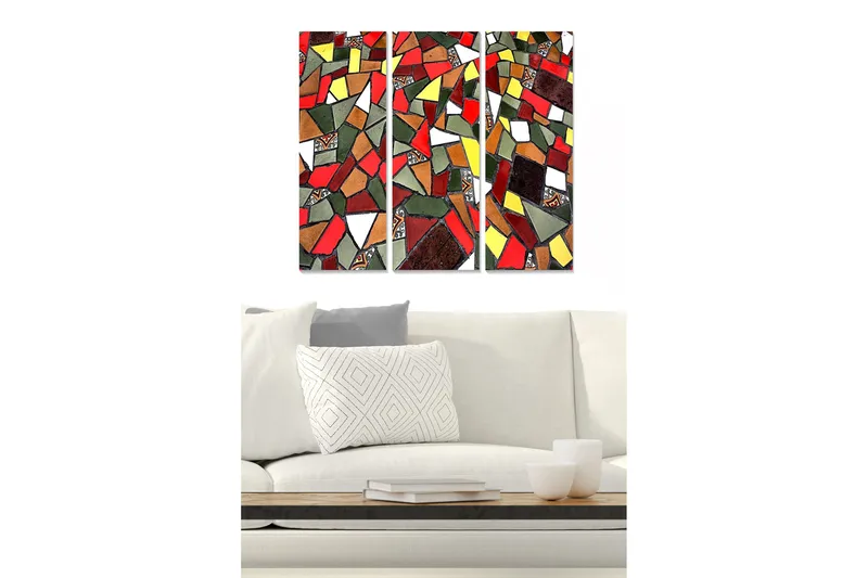 Trælærred 3-delt 50x70 cm - Mosaikkomposition med grønne, gule og hvide former, Grøn / Rød / Hvid