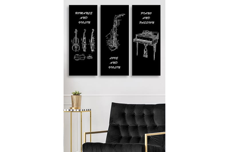 Trælærred 3-delt 50x70 cm - Musikinstrumenter i skitseret stil, Sort / Hvid