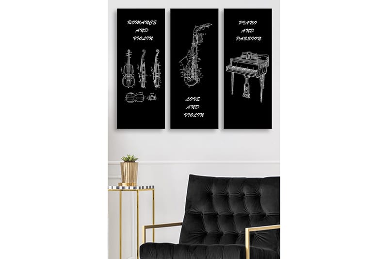 Trælærred 3-delt 50x70 cm - Musikinstrumenter i skitseret stil, Sort / Hvid