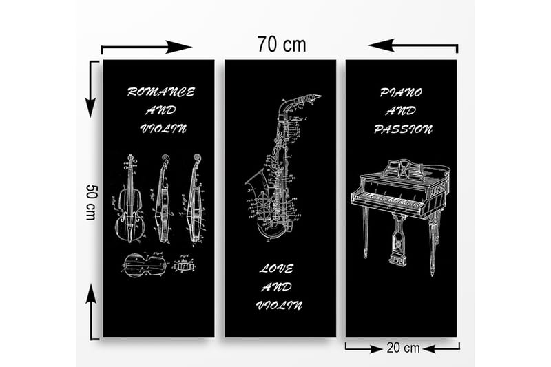 Trælærred 3-delt 50x70 cm - Musikinstrumenter i skitseret stil - Sort / Hvid - Boligtilbehør - Billeder & kunst - Billeder på lærred