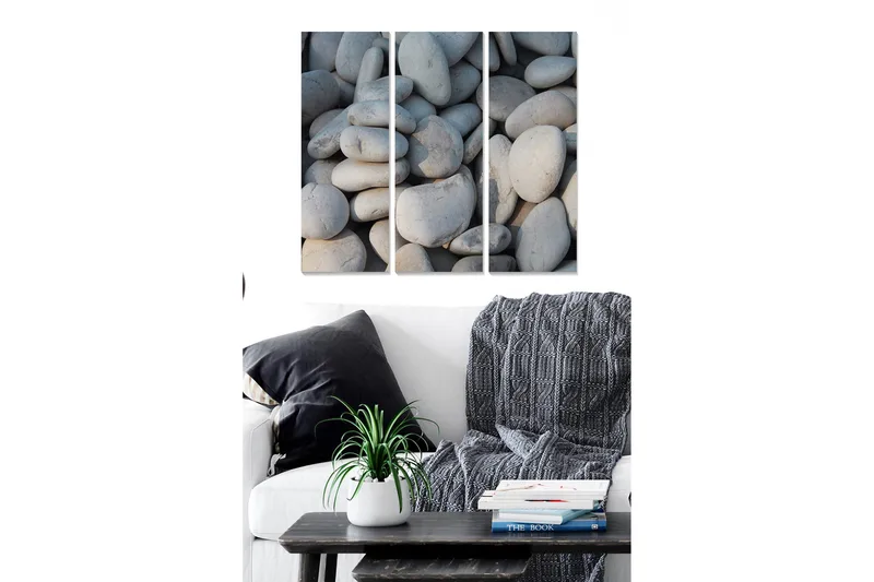 Trælærred 3-delt 50x70 cm - Nærbillede af strandsten, Grå / Lysegrå