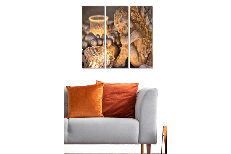 Trælærred 3-delt 50x70 cm - Skulptur af en engel i bløde toner, Guld / Brun / Grå