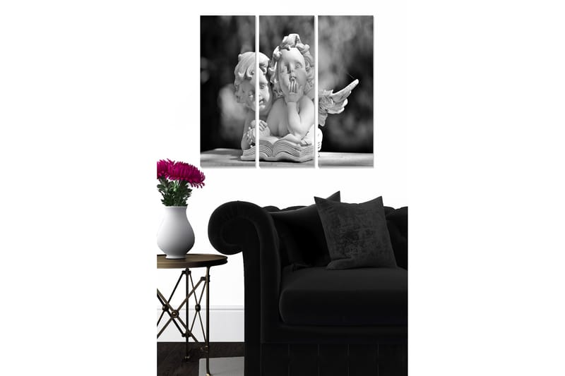 Trælærred 3-delt 50x70 cm - Skulptur af to engle, der sidder sammen og bladrer i en bog, Hvid / Sort / Grå