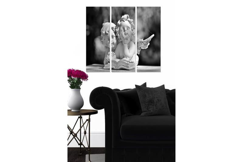 Trælærred 3-delt 50x70 cm - Skulptur af to engle, der sidder sammen og bladrer i en bog, Hvid / Sort / Grå