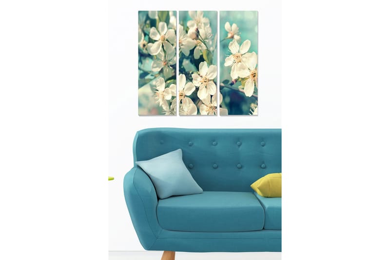 Trælærred 3-delt 50x70 cm - Smuk blomsterkomposition med hvide blomster, Hvid / Grøn / Lyseblå
