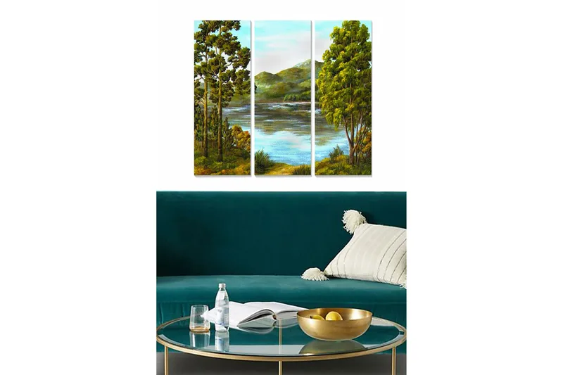 Trælærred 3-delt 50x70 cm - Smukt landskabsmaleri med træer og spejlblanke søer, Grøn / Blå / Brun