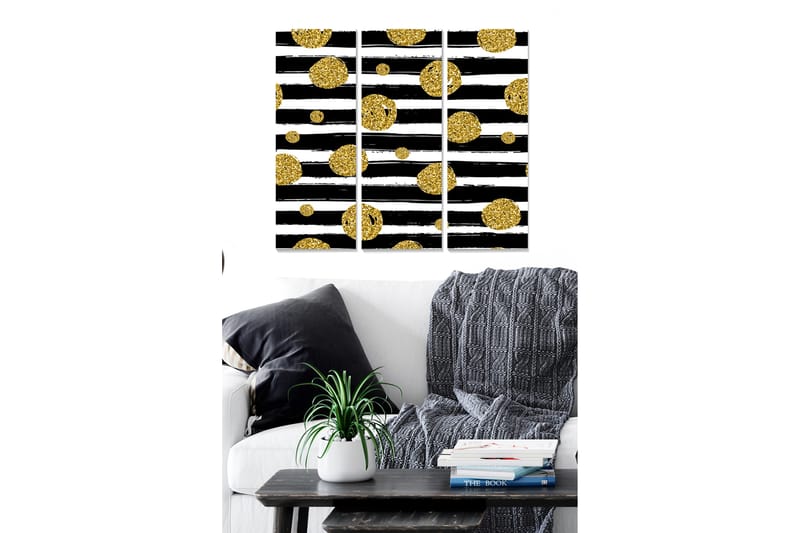 Trælærred 3-delt 50x70 cm - Sort-hvid abstrakt komposition med gyldne cirkler, Guld / Sort / Hvid