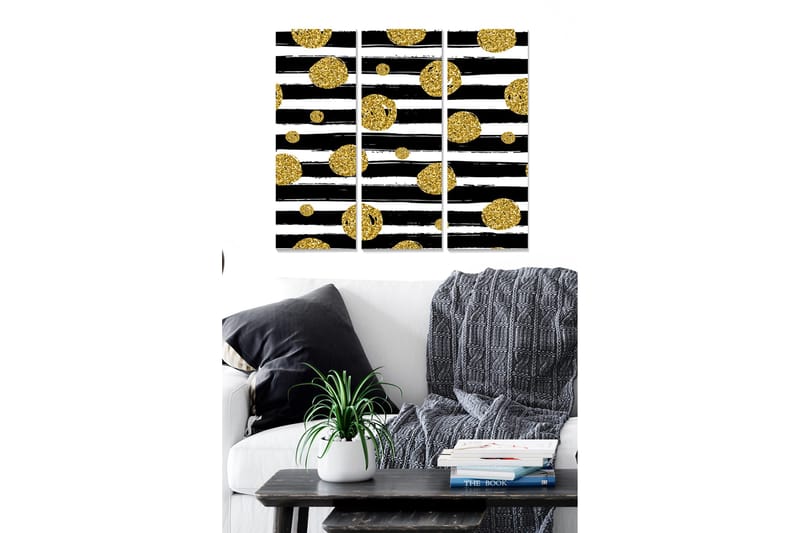 Trælærred 3-delt 50x70 cm - Sort-hvid abstrakt komposition med gyldne cirkler, Guld / Sort / Hvid