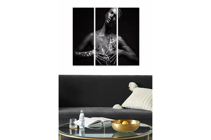 Trælærred 3-delt 50x70 cm - Sort-hvidt portræt af en kvinde med kunstnerisk kropsmaling, Sort / Hvid