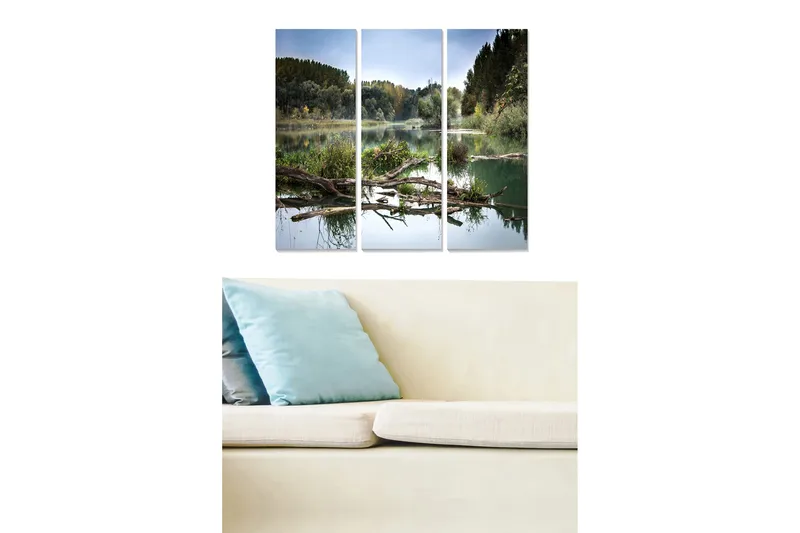 Trælærred 3-delt 50x70 cm - Spejlblanke sølandskaber med træer og grønne områder, Grøn / Blå / Brun
