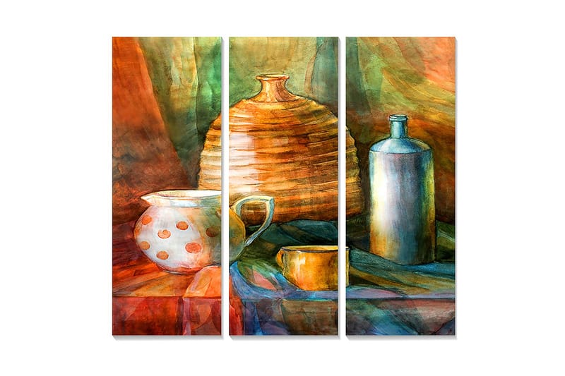 Trælærred 3-delt 50x70 cm - Stilleben med keramik og glasgenstande, Orange / Grøn / Blå