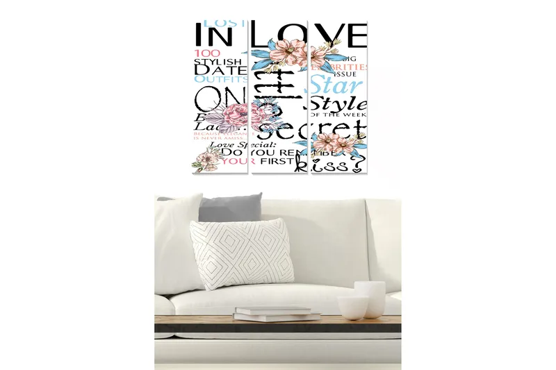 Trælærred 3-delt 50x70 cm - Tekstbaseret komposition med blomster og romantiske elementer - Lyserød / Blå / Sort - Boligtilbehør - Billeder & kunst - Billeder på lærred