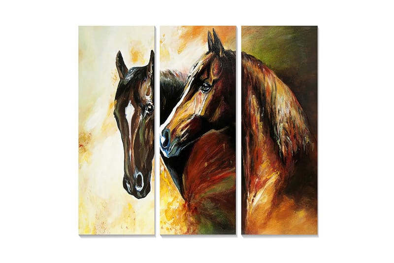 Trælærred 3-delt 50x70 cm - To heste i en intim og udtryksfuld komposition, Mørkebrun / Orange / Gul