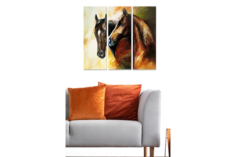 Trælærred 3-delt 50x70 cm - To heste i en intim og udtryksfuld komposition - Mørkebrun / Orange / Gul - Boligtilbehør - Billeder & kunst - Billeder på lærred