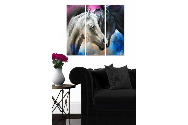 Trælærred 3-delt 50x70 cm - To hesteansigter i en dynamisk komposition, Sort / Hvid / Blå
