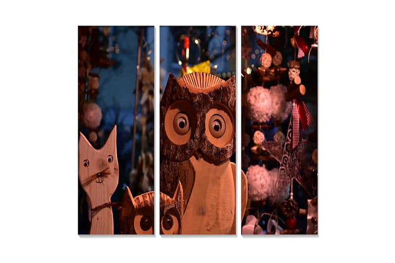 Trælærred 3-delt 50x70 cm - Træskulpturer af en kat og en ugle med store øjne, Brun / Beige / Hvid
