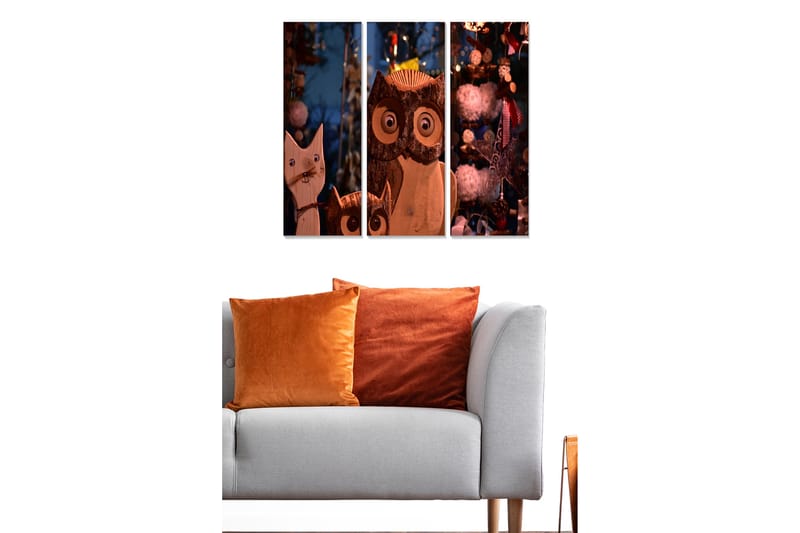 Trælærred 3-delt 50x70 cm - Træskulpturer af en kat og en ugle med store øjne - Brun / Beige / Hvid - Boligtilbehør - Billeder & kunst - Billeder på lærred