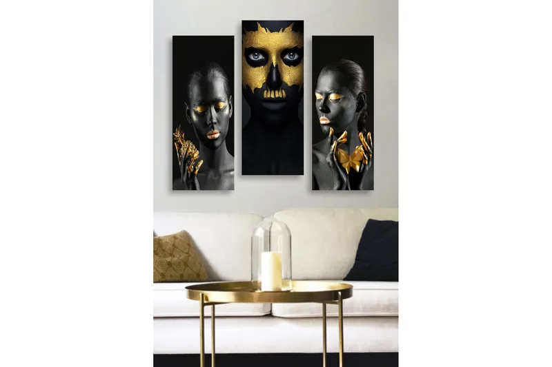 Trælærred 3-delt 50x70 cm - Tredelt portrætkomposition med ansigter i sort og guld, Sort / Guld