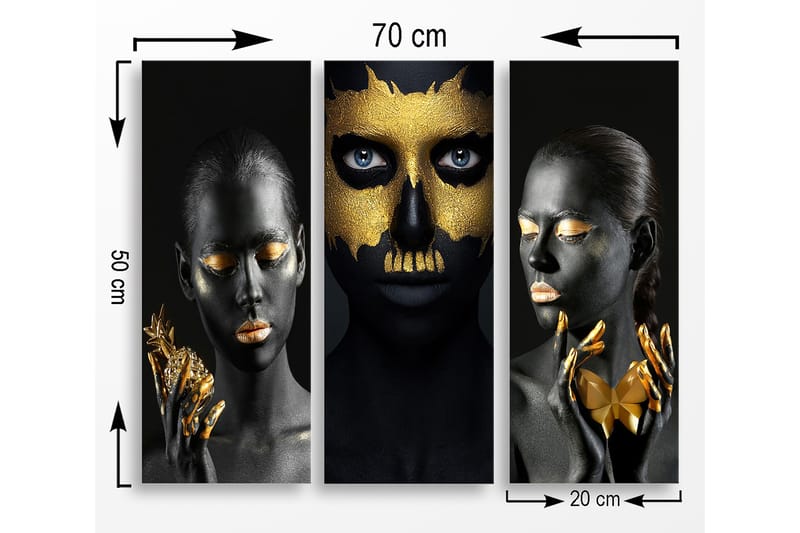 Trælærred 3-delt 50x70 cm - Tredelt portrætkomposition med ansigter i sort og guld - Sort / Guld - Boligtilbehør - Billeder & kunst - Billeder på lærred