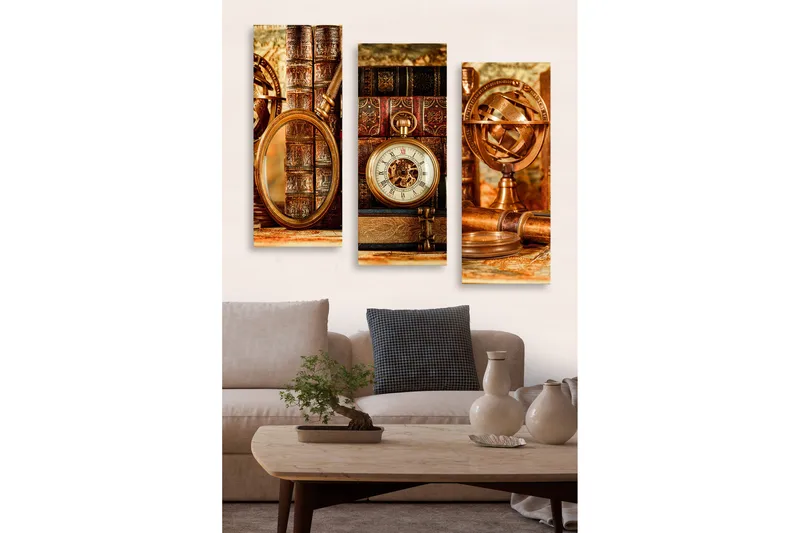 Trælærred 3-delt 50x70 cm - Vintage samling af bøger og ure, Brun / Guld / Beige